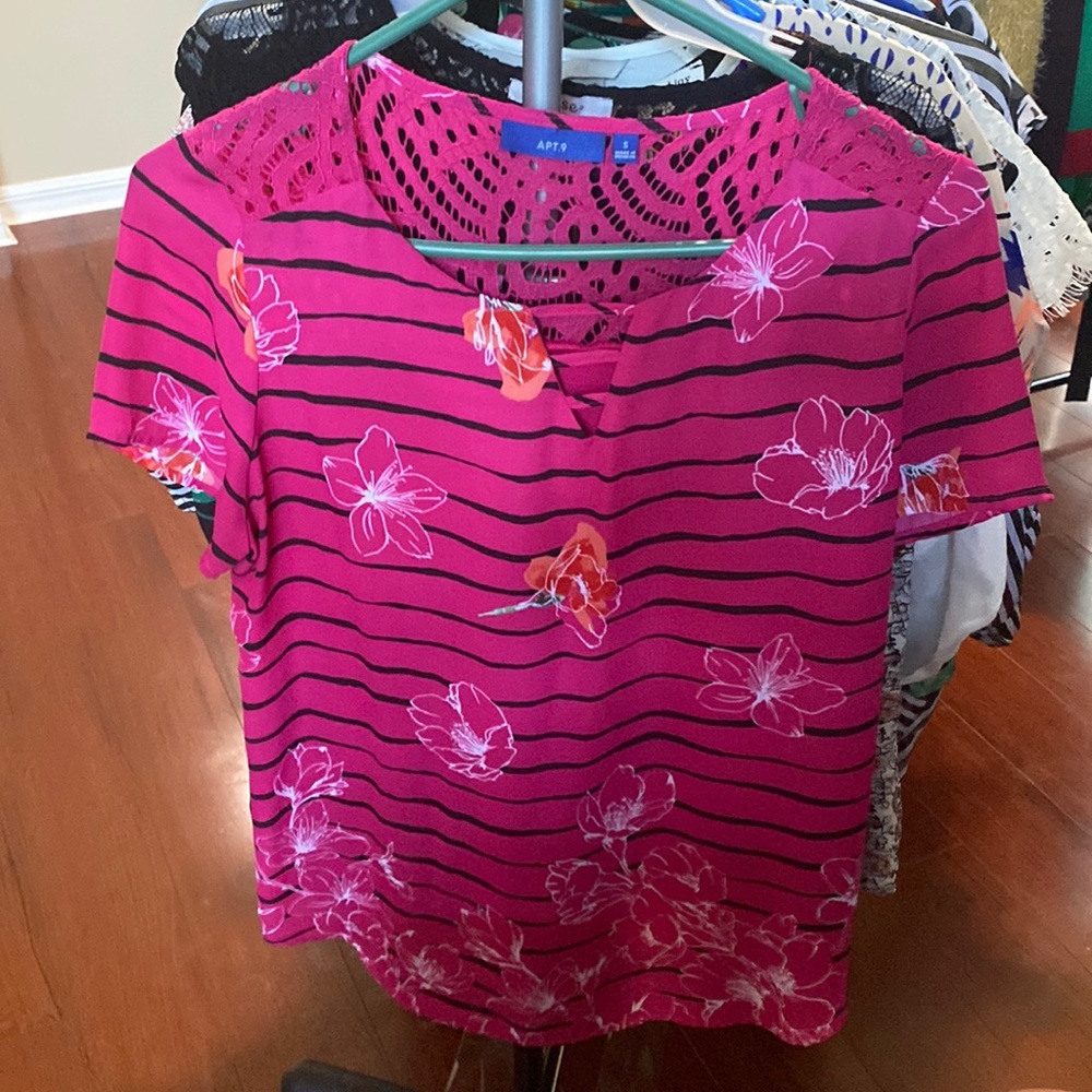 Pink floral with lines and lace blouse